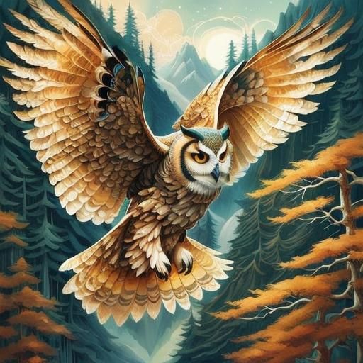 Winged Owl Over Glittering Forest: Digital Art