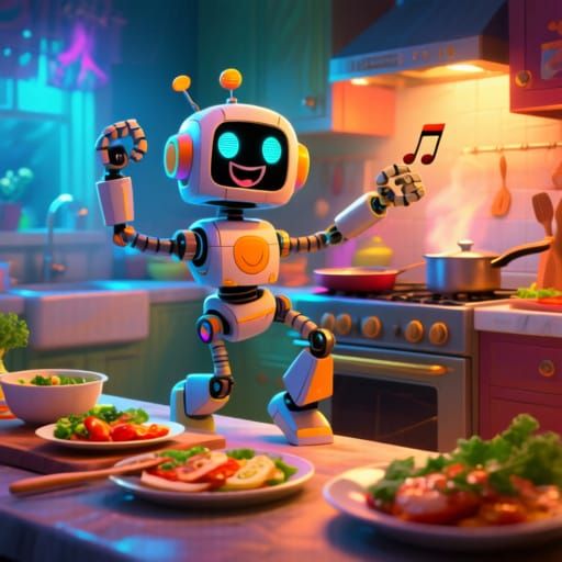 Whimsical Cartoon Robot Chef Dancing in Kitchen