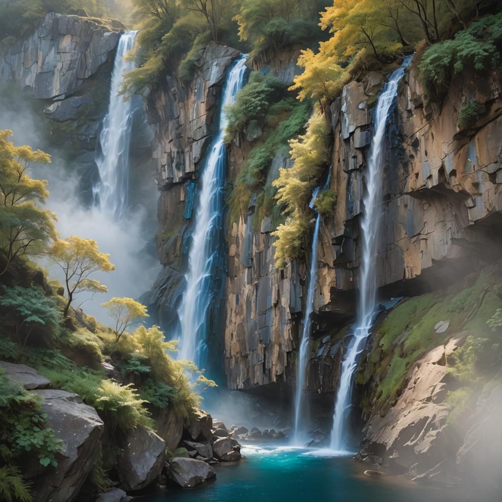 Ethereal Blue Waterfall in Dreamy Landscape