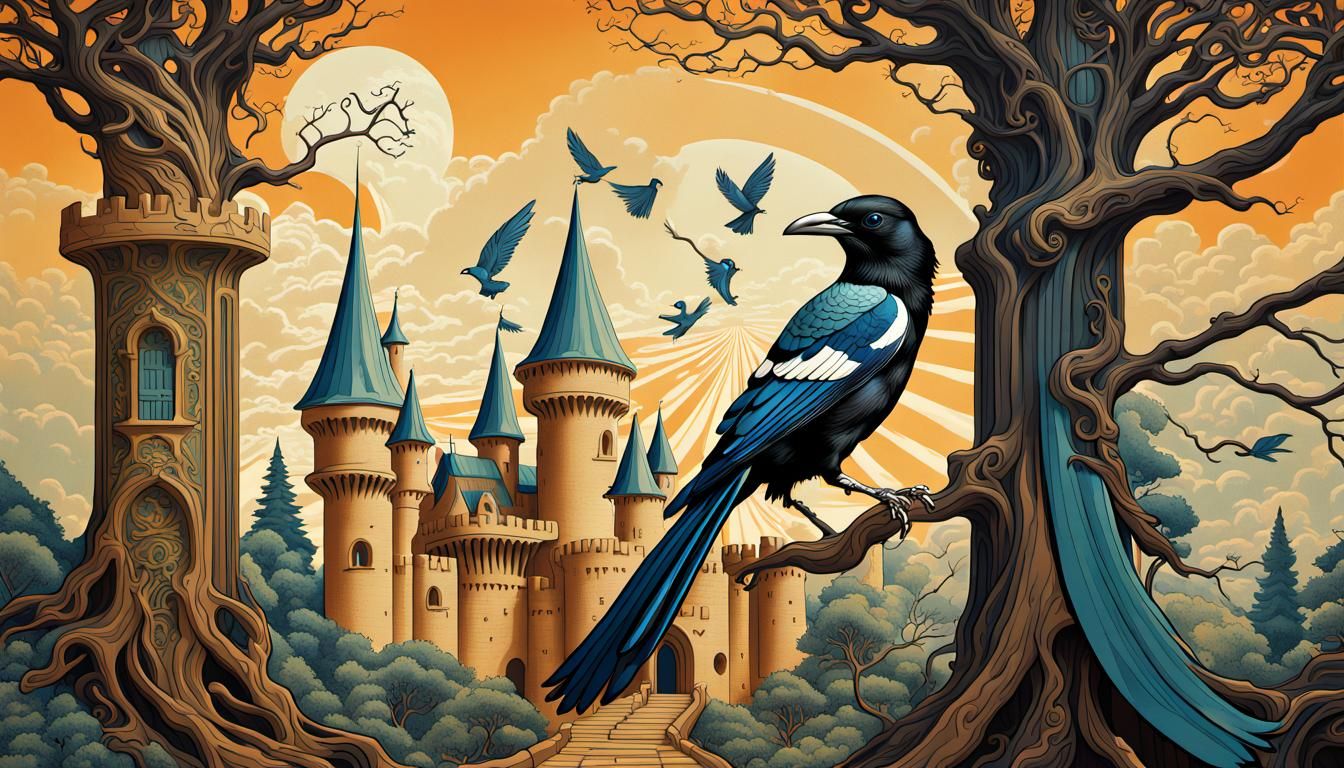 Magpie Emerges from Tree Castle: Surreal Poster Art