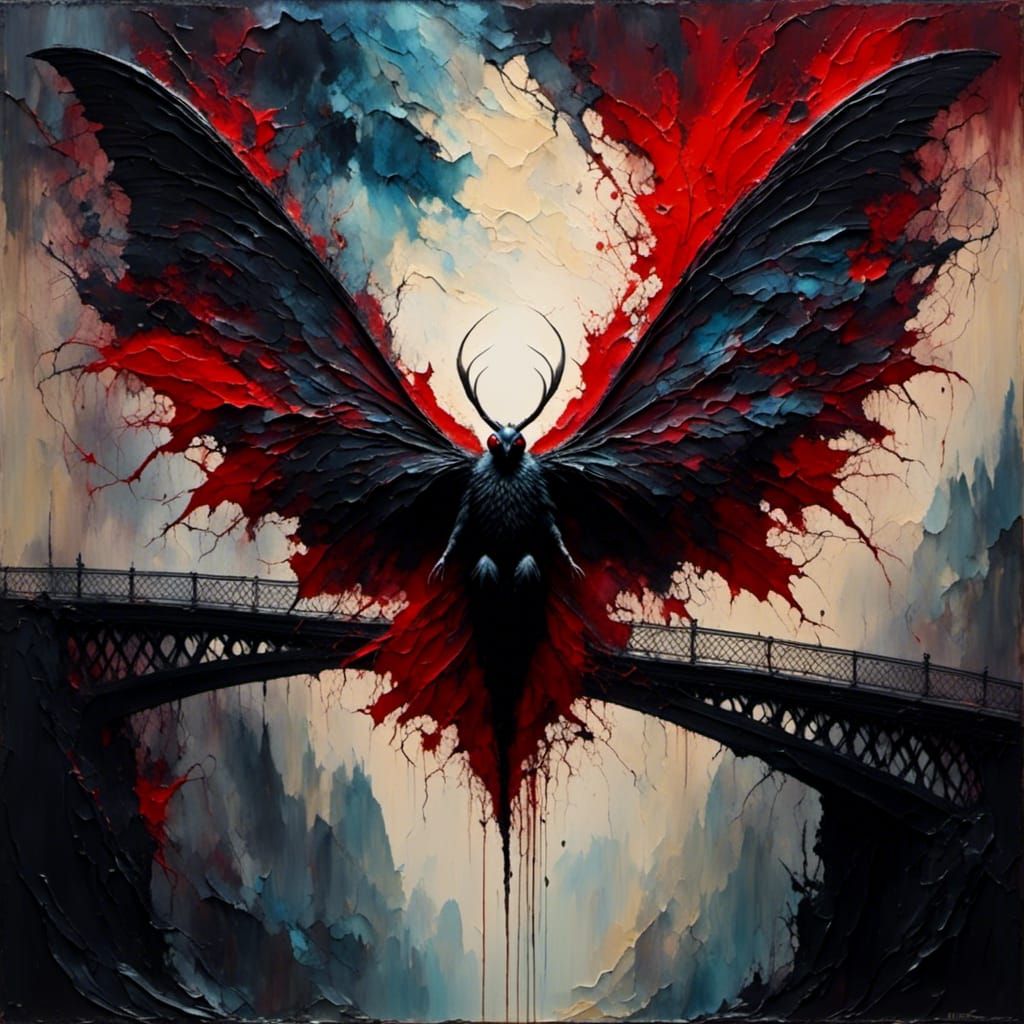 Mothman Soaring Above Bridge in Expressionist Oil Painting