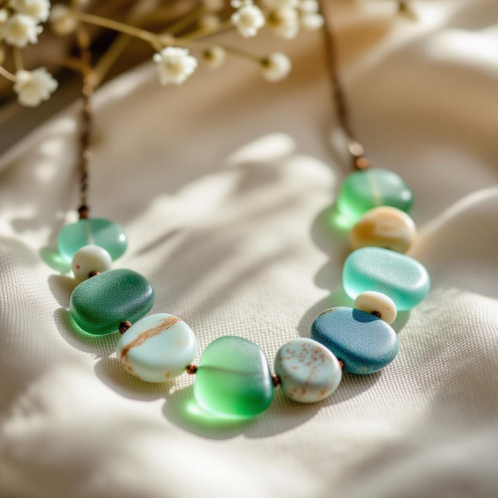Sea Glass and Beach Stone Necklace on Linen