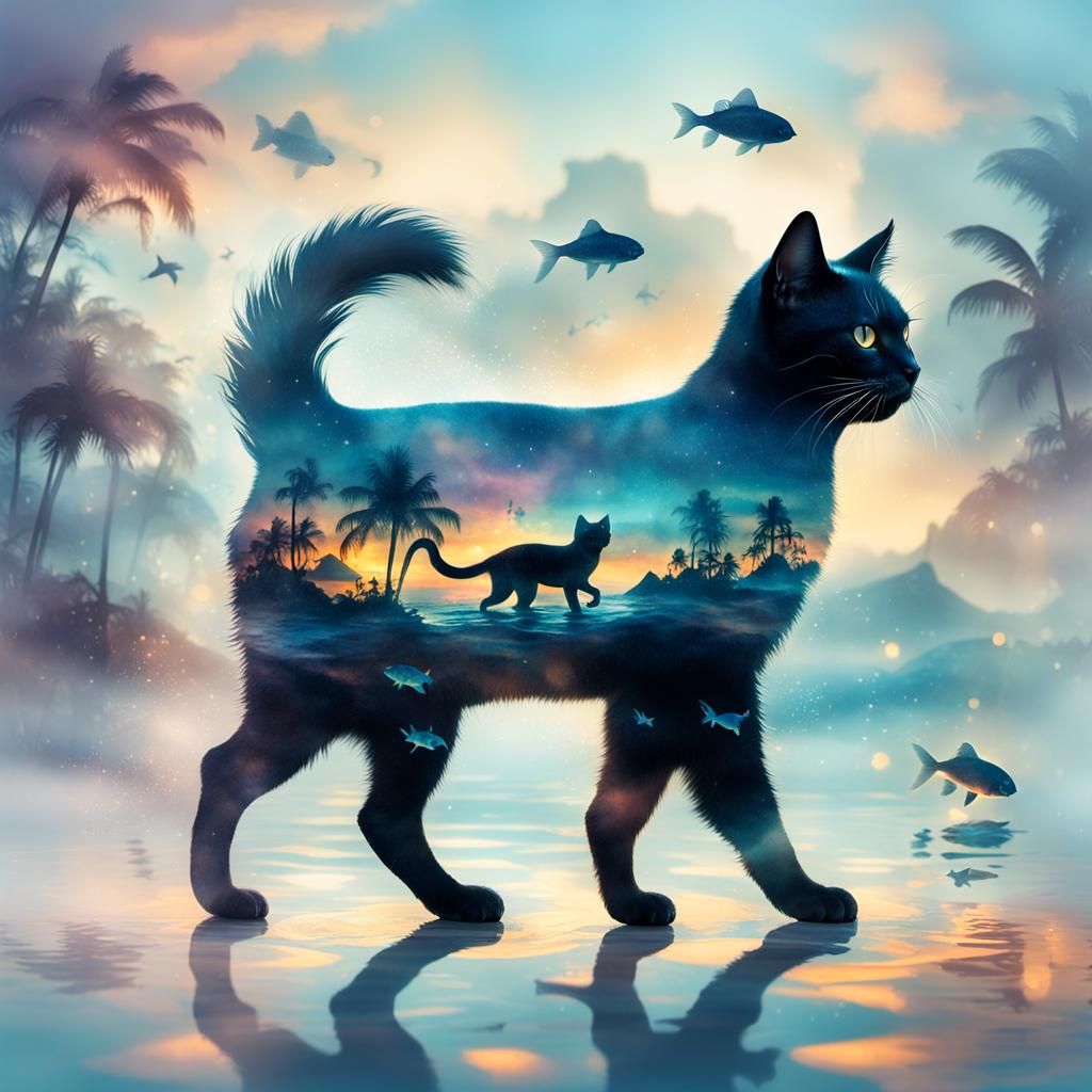 Luminescent Cat Silhouette with Fish and Sunset