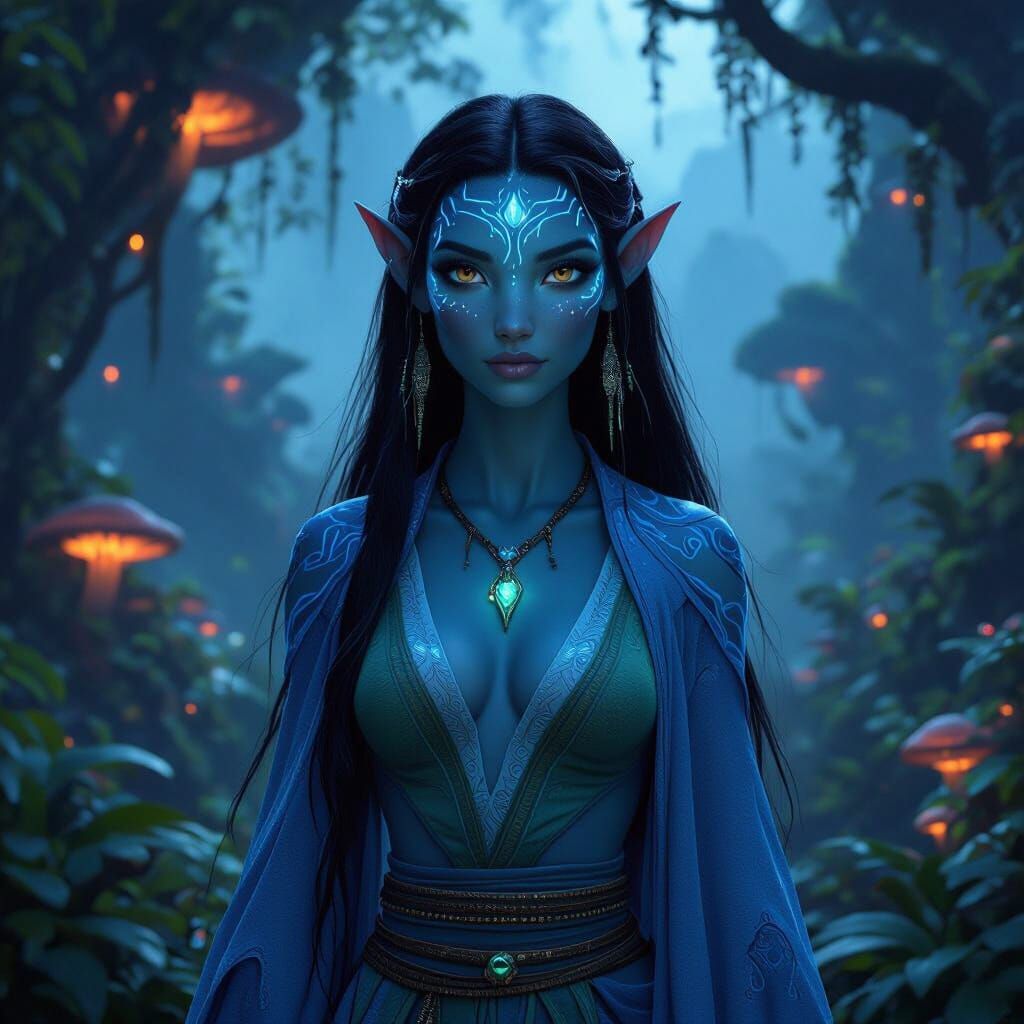Dark Na'vi Avatar in Bioluminescent Alien Forest
