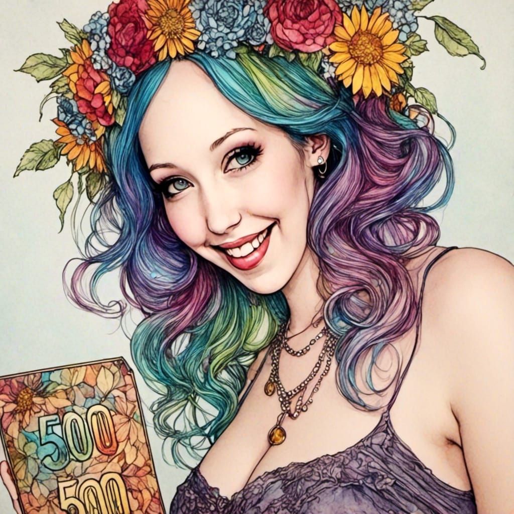 Smiling Woman Holding Thank You Sign in Art Nouveau