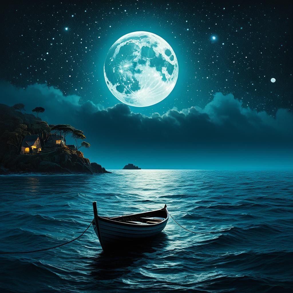 Serene Moonscape: Small Boat in Double Exposure