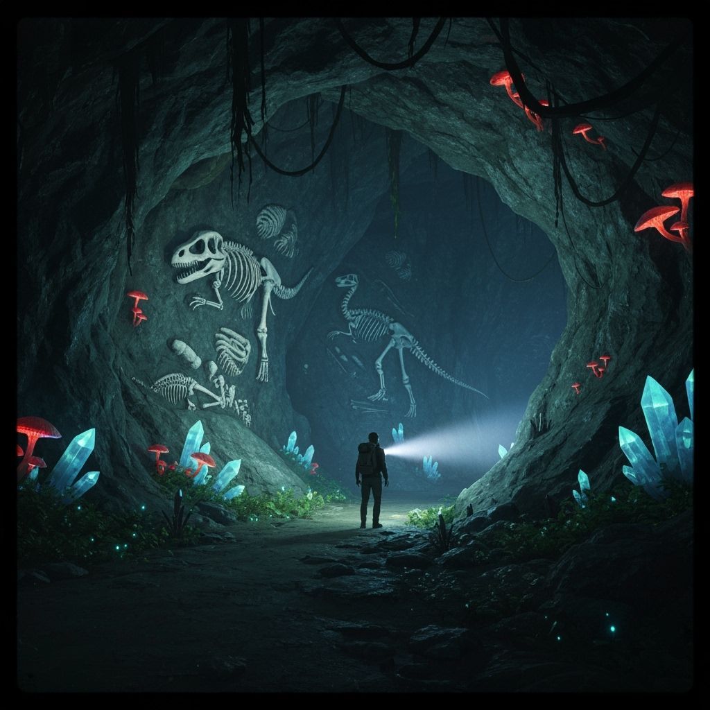 Prehistoric Jungle Cave with Bioluminescent Crystals