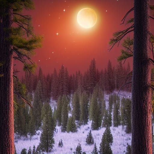 Moon Over Pine Forest at Night in 8K