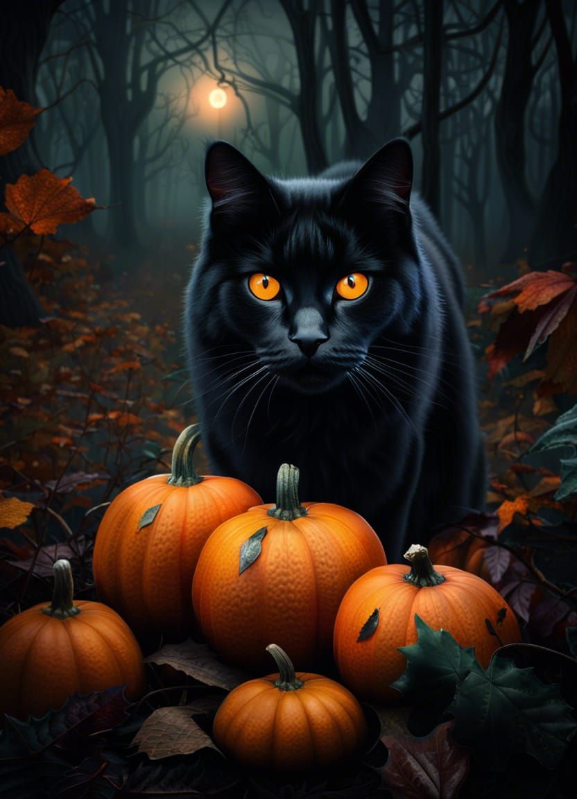 Black Cat in Foggy Autumn Forest with Pumpkins