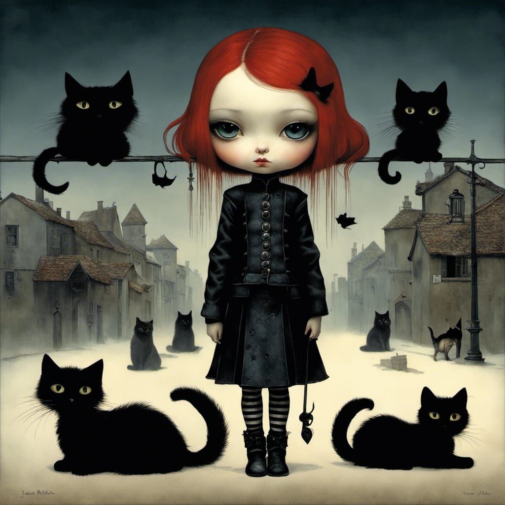 Gothic Punk Girl with Cats in Surreal Dark Art Style