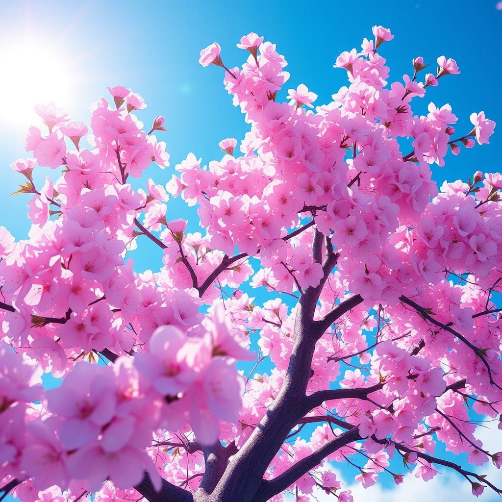 Blossoming Sakura Tree in Vibrant Digital Art