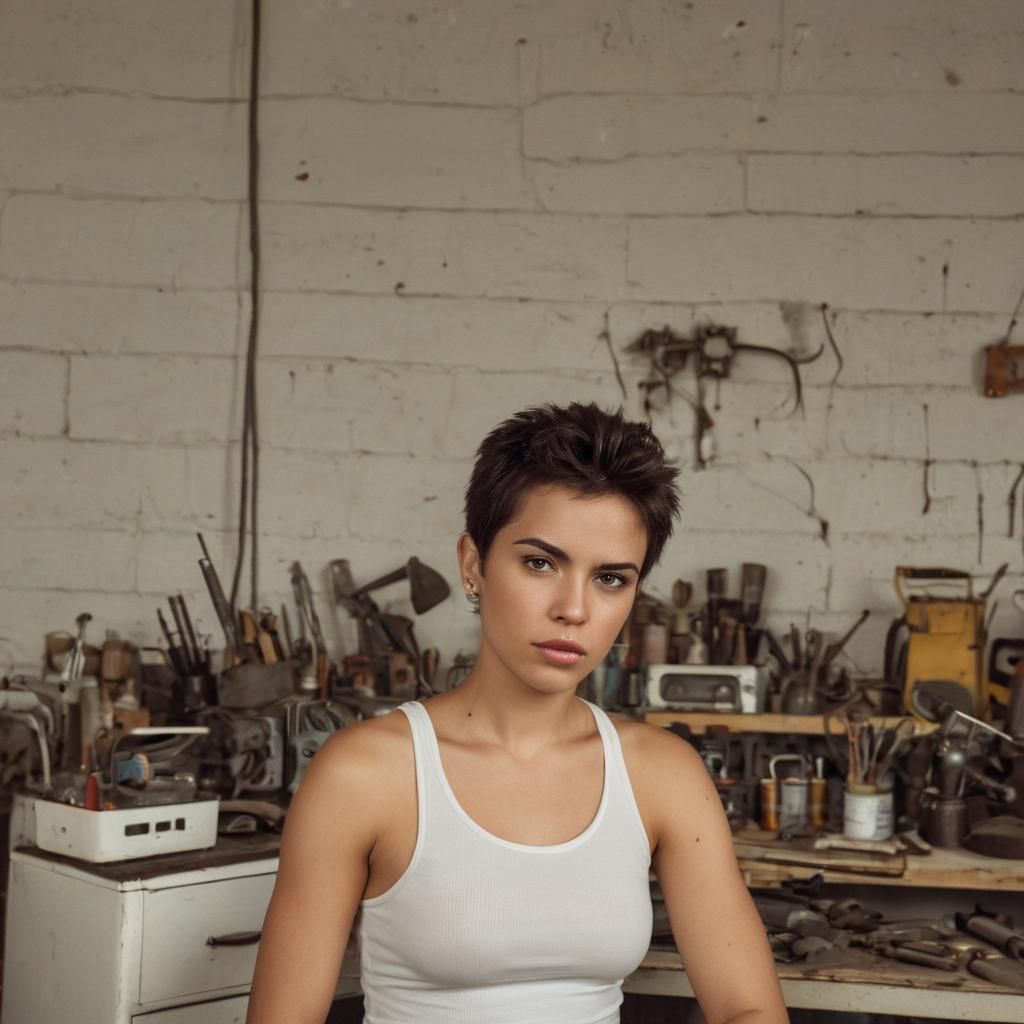 Strong Latina Mechanic in a Cluttered Workshop