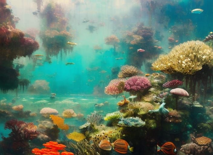 Underwater Ocean Fantasy Landscape in Oil Painting Style