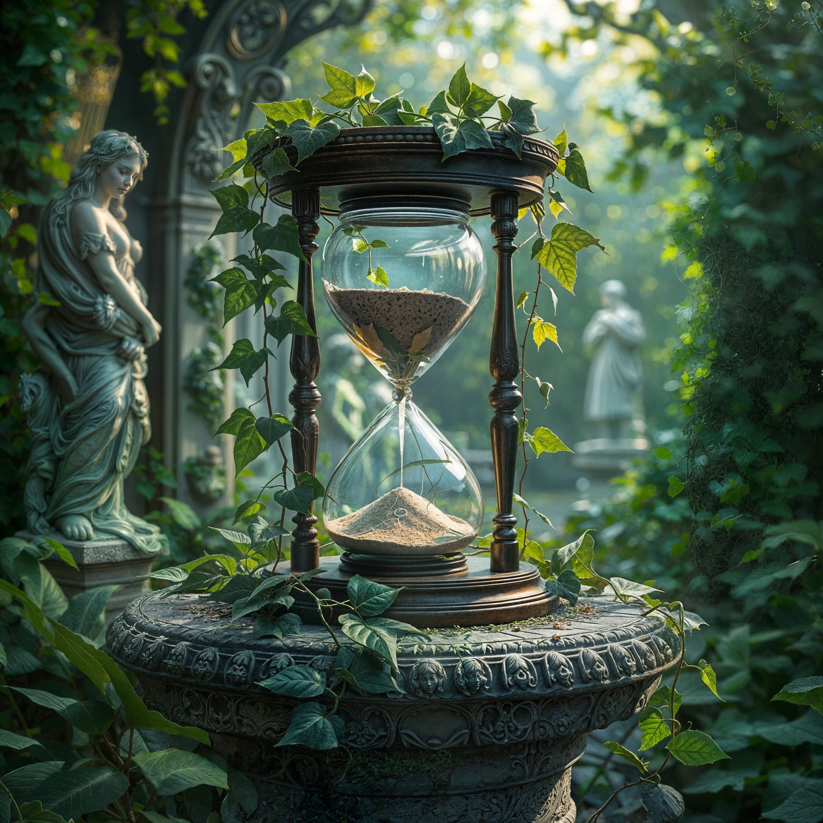 A delicate vine of ivy creeping out of a broken hourglass, i...