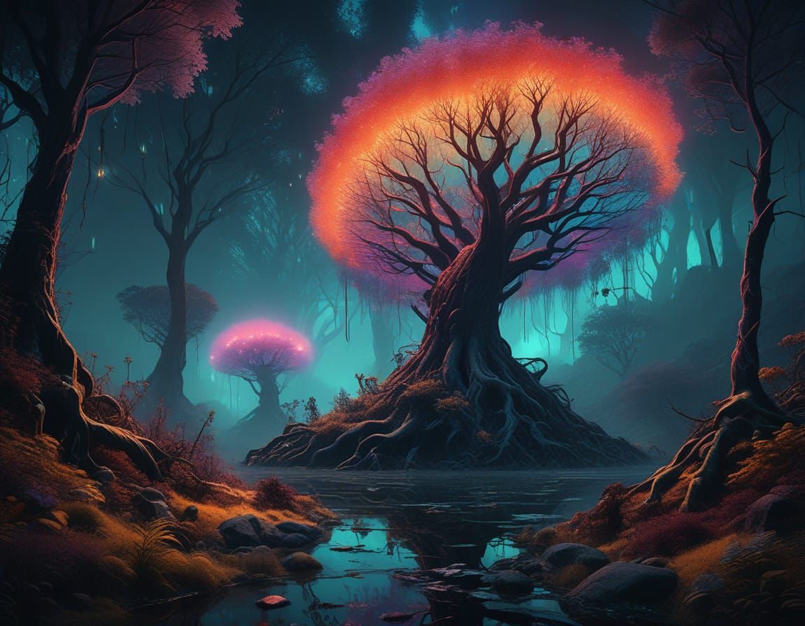 Ethereal Beings Roam a Surreal Forest with Glowing Trees
