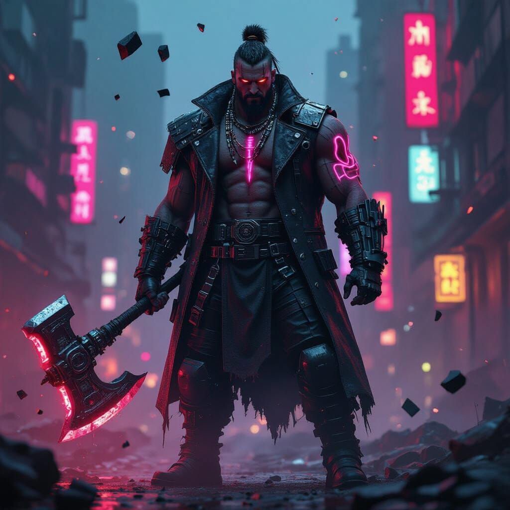 Cyberpunk Warlord in Dystopian Cityscape