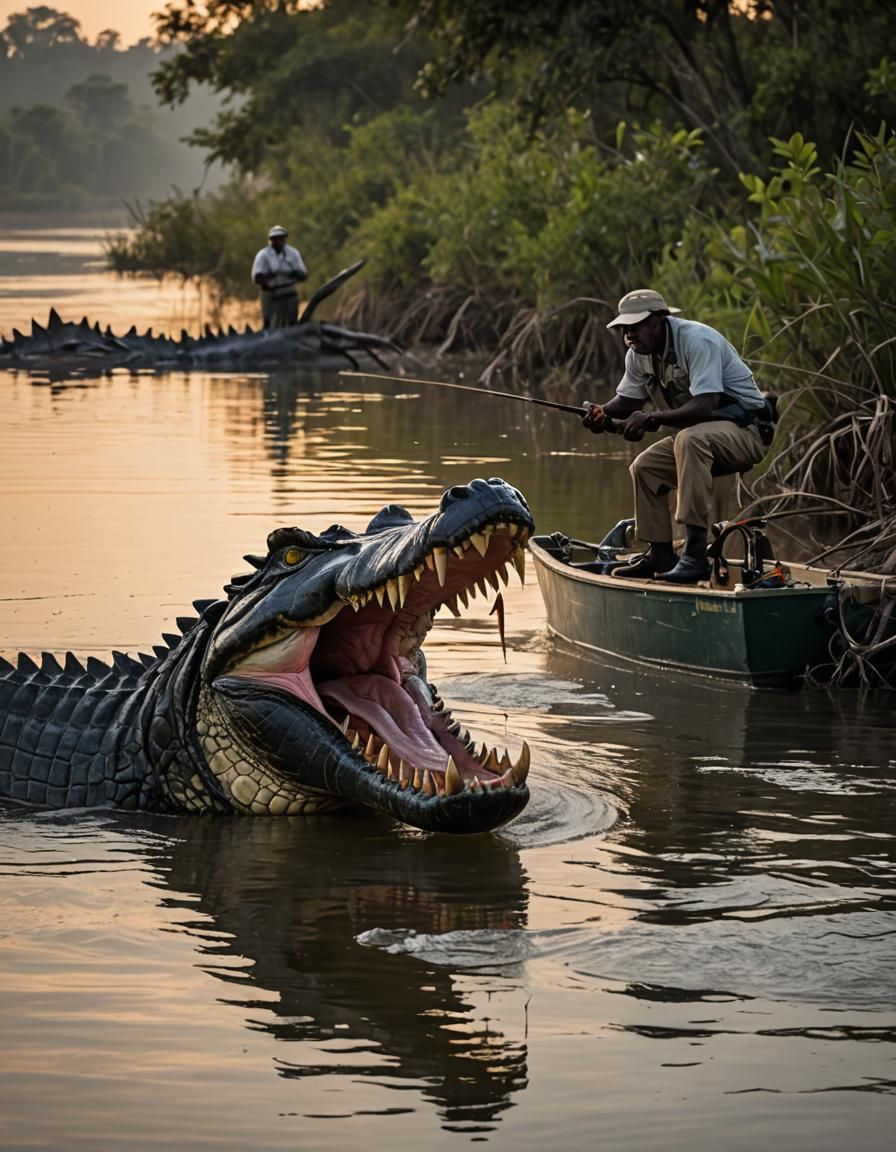 Fisherman Unaware of Alligator on Zambezi River