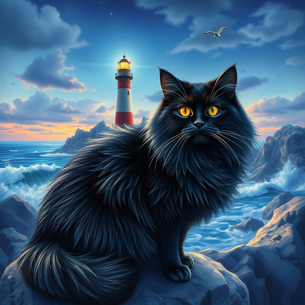 Hyperrealistic Lighthouse Scene with Fluffy Black Cat