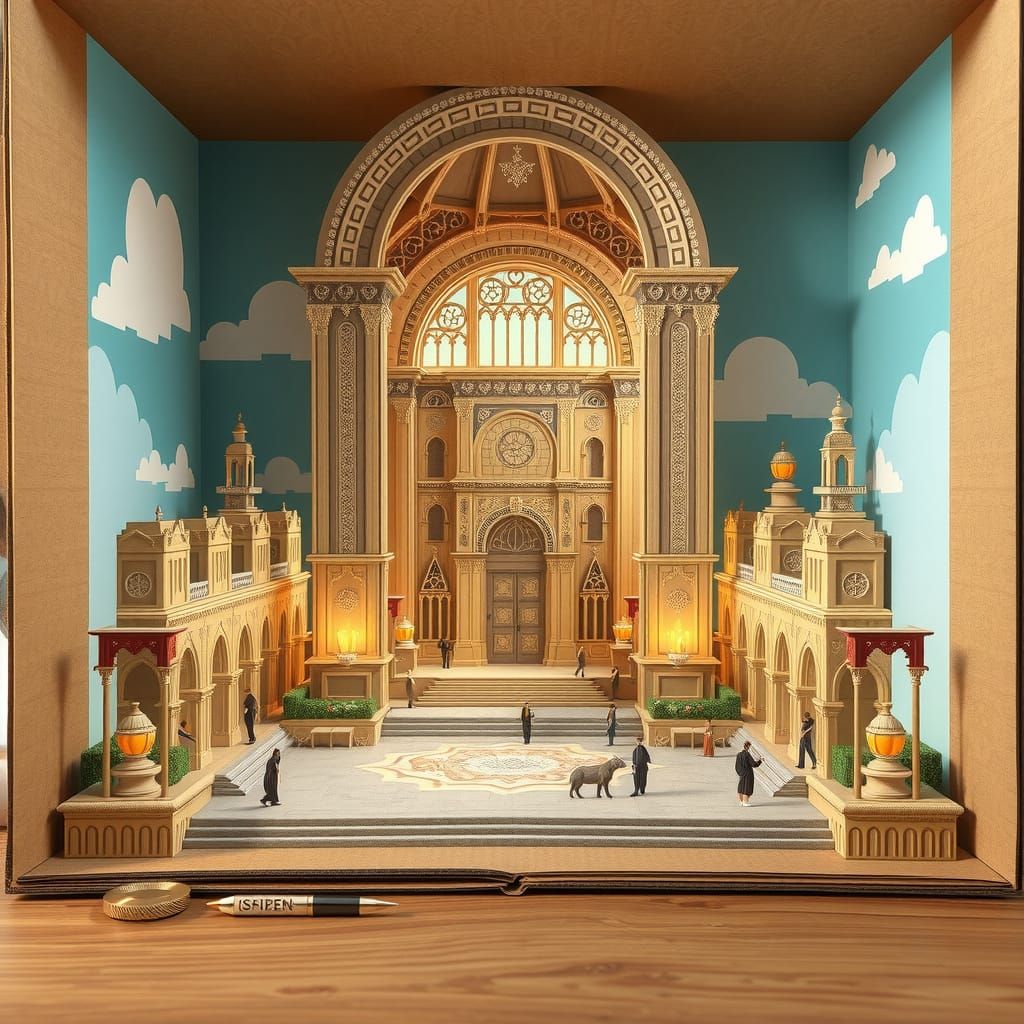 Isometric Neo-Gothic Hall on Savannah in 3D Paper Style