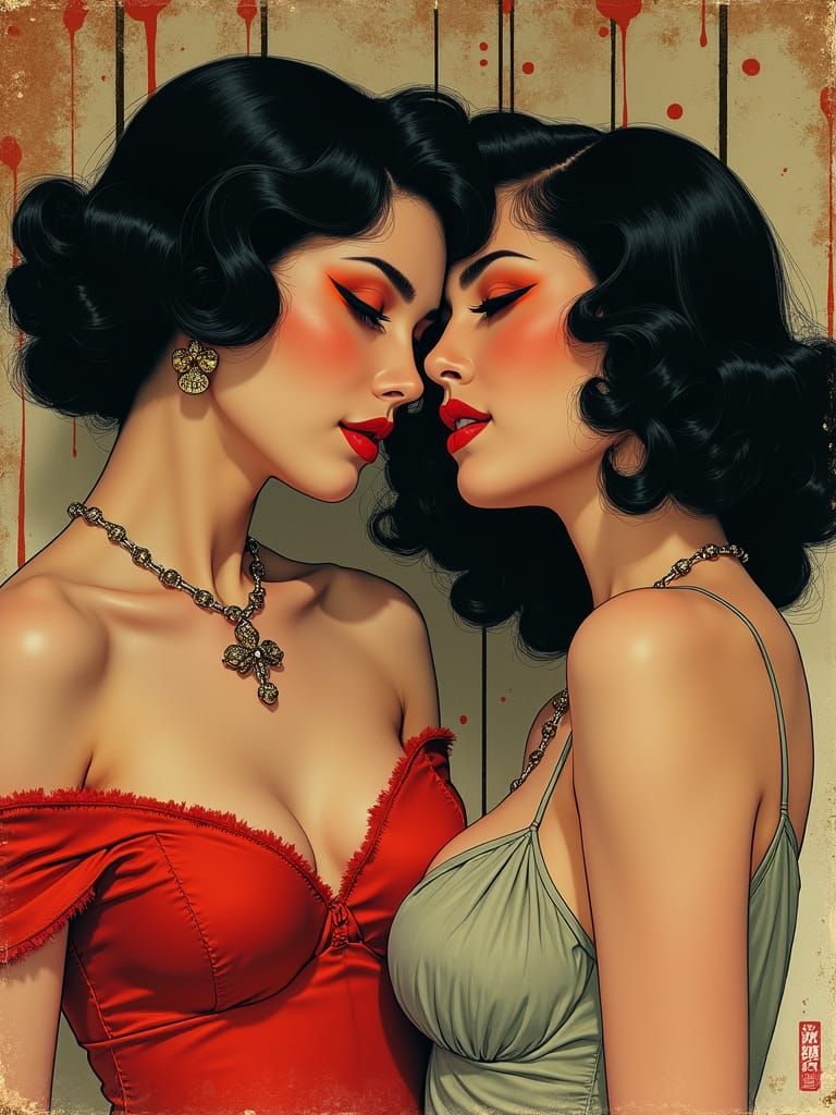 "Lesbian pulp noir fiction cover in collage and Taisho art s...