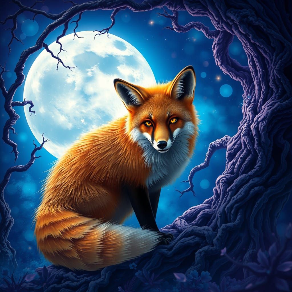 Majestic Fox Under Vibrant Moonlit Skies