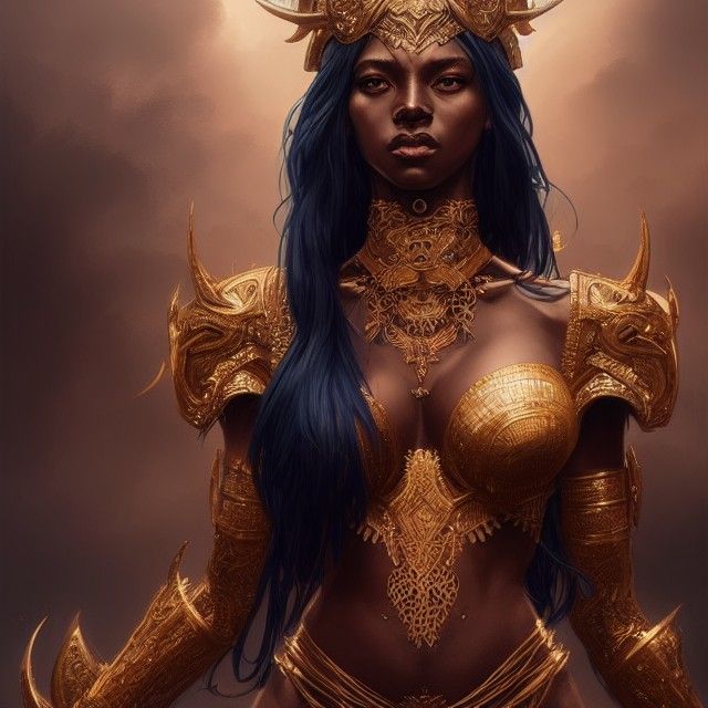 Ebony Goddess in Gold and Blue Armor