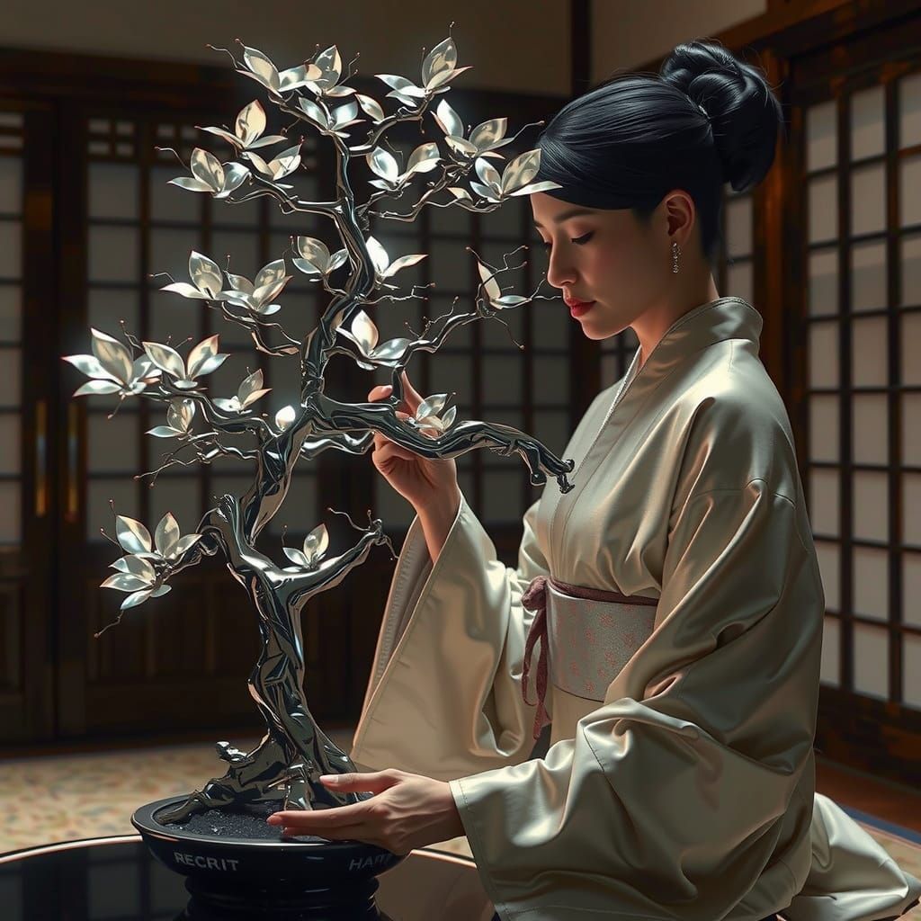 Futuristic Gasha Lady Tending Chrome Bonsai in Traditional J...
