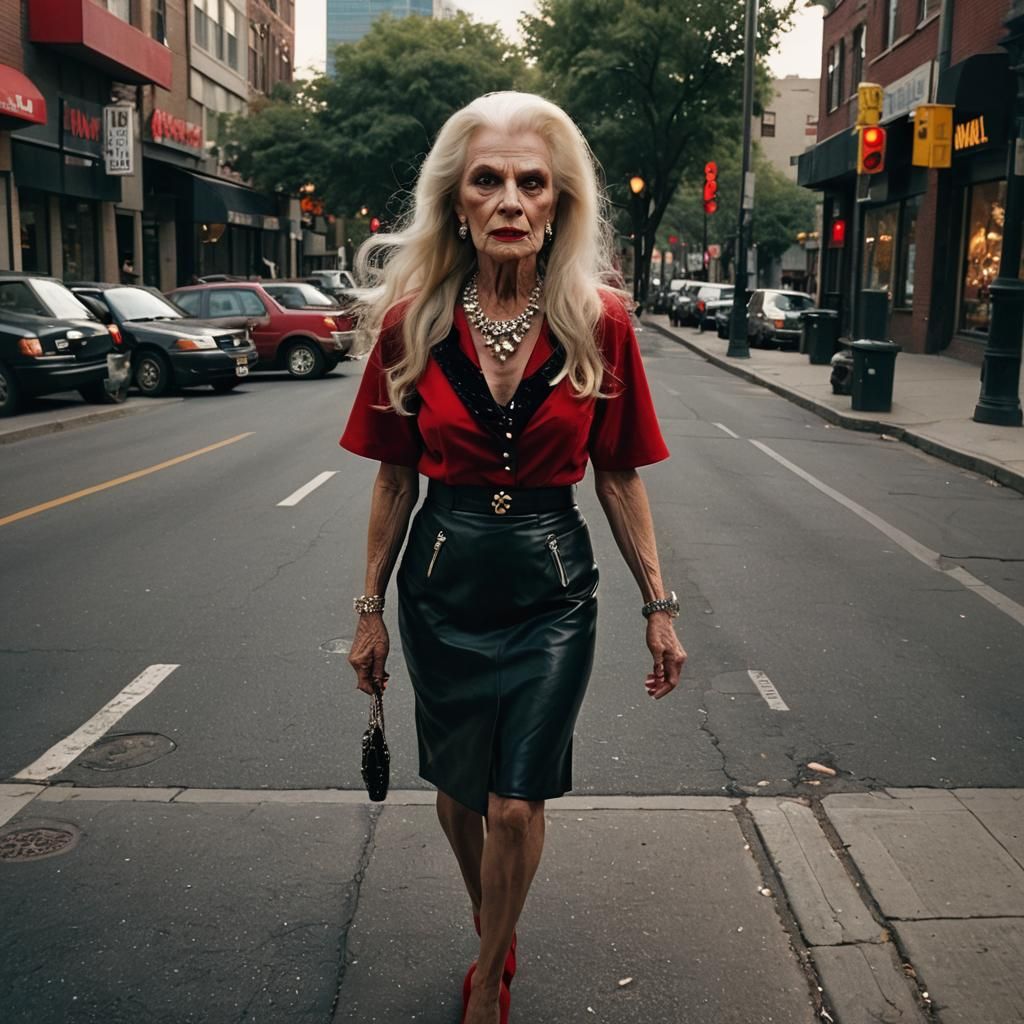 Film Noir Transvestite in Red on City Street