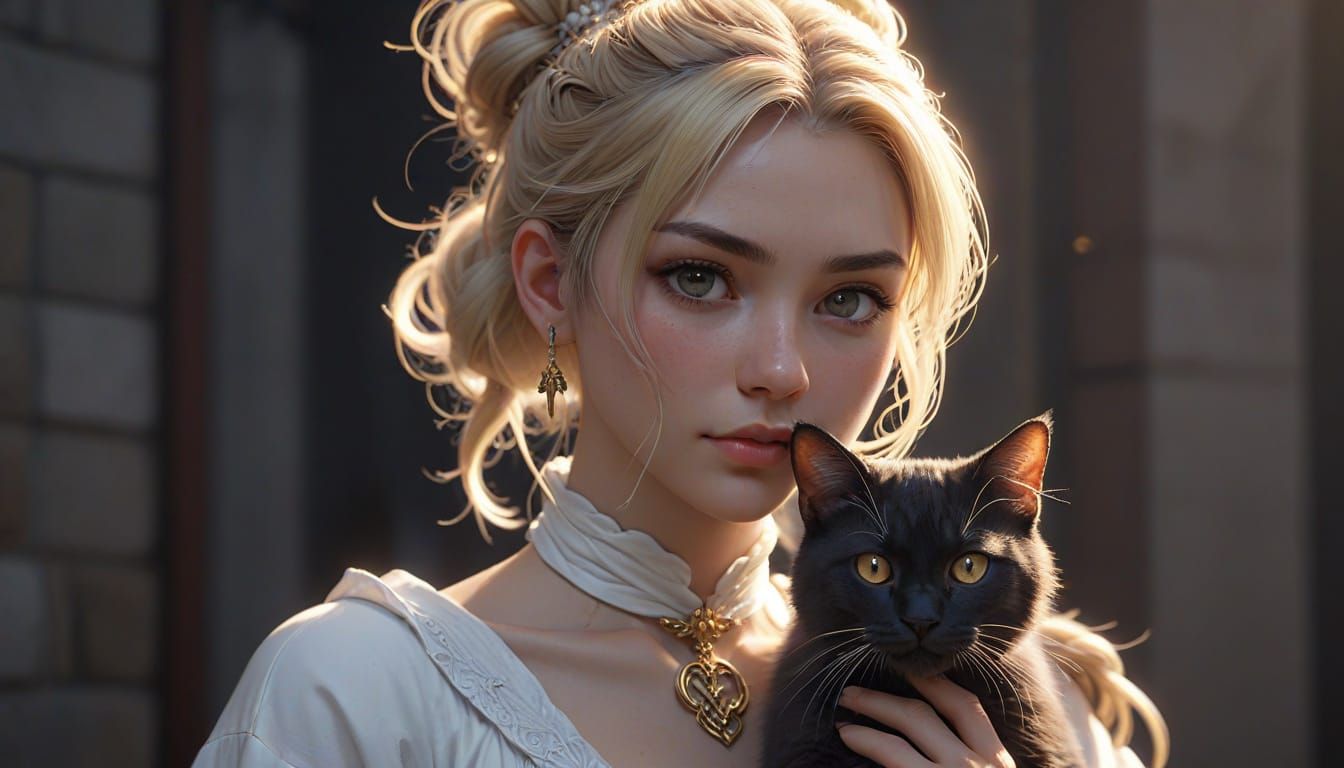 Blonde Woman and Cat in 3D Anime Art Style