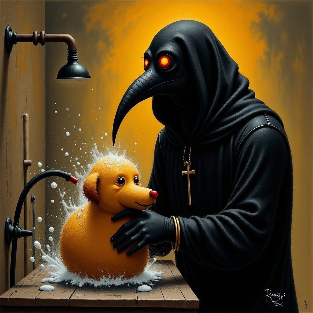 Plague Doctor grooms puppy in surreal digital painting