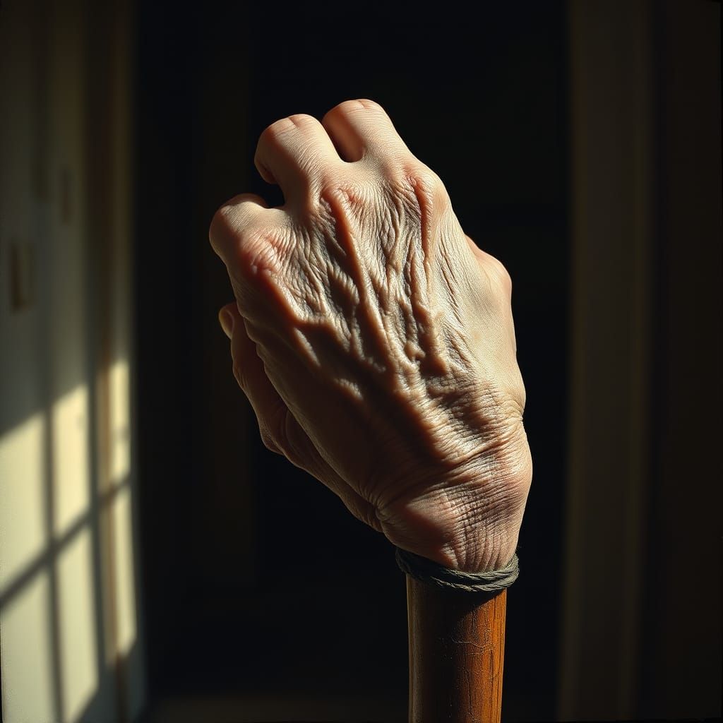 Elderly Hand Holding Cane in Serene Room