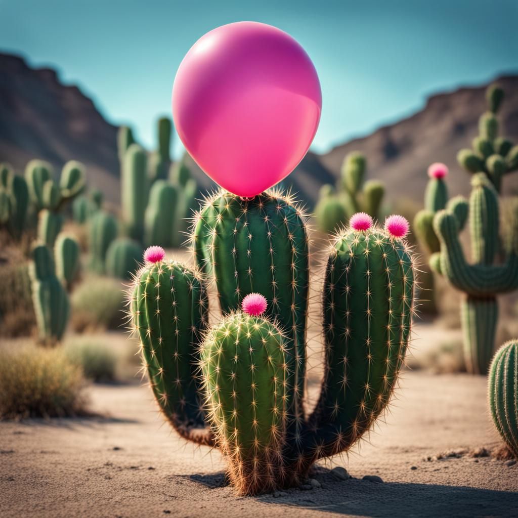Cactus Holding Balloon in Hyperrealistic Style