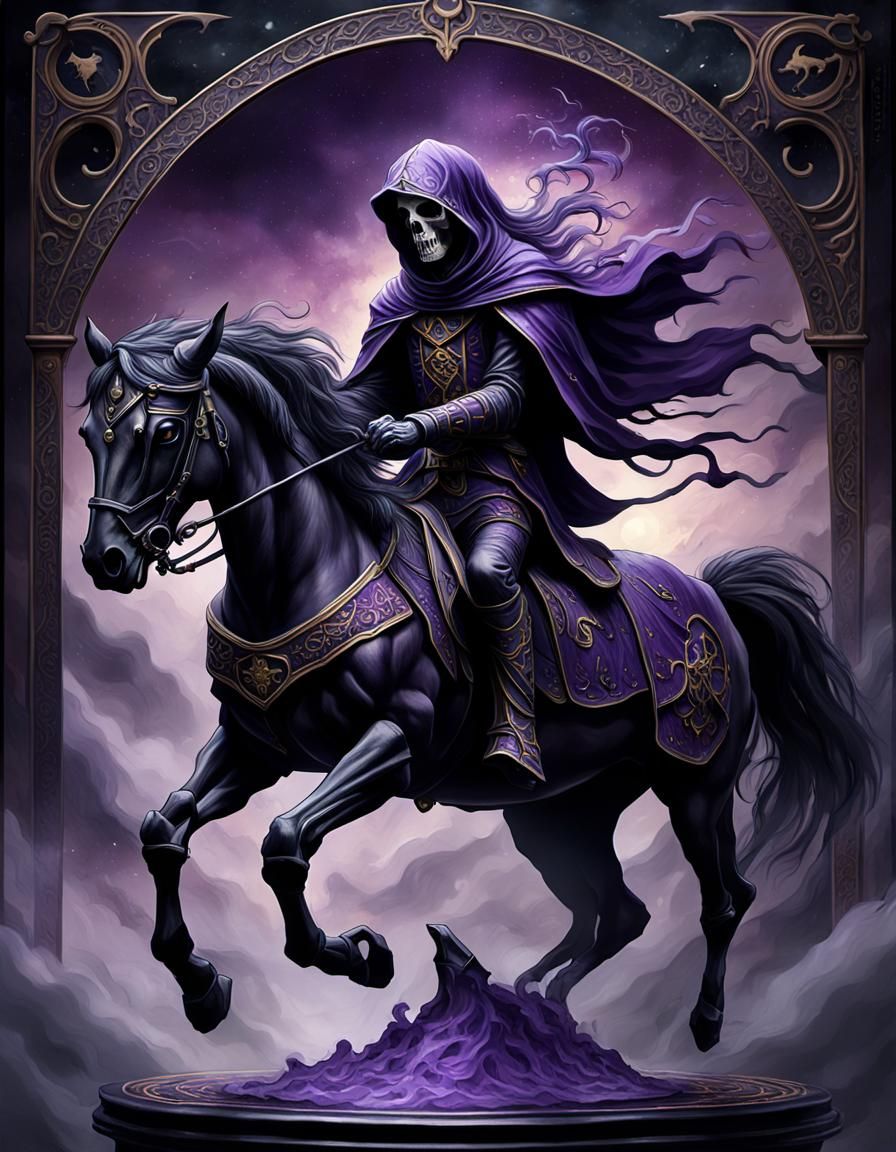 A 3D tarot card standing upright on a table. Death comes leaping out of the tarot card on a black horse. Fantasy 3D HD 6...