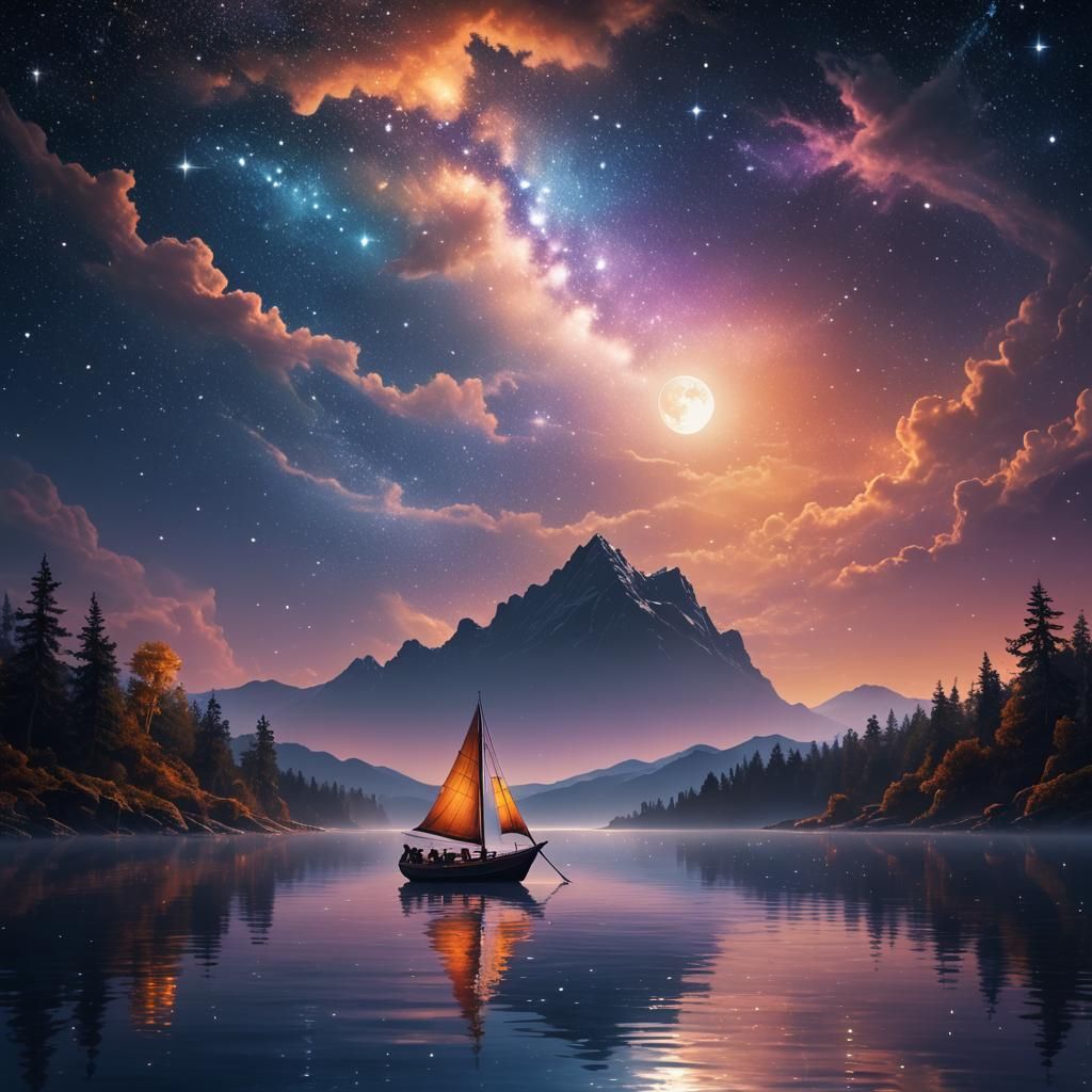 Boat on Starry Sea: Fantasy Concept Art