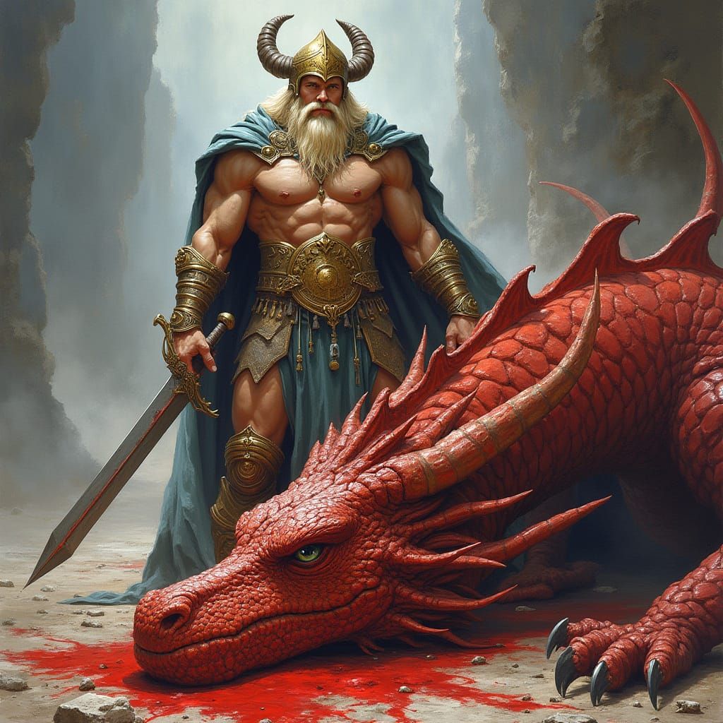 Victorious Norse Hero Sigurd and the Dragon