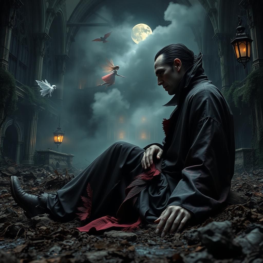 A Nosferatu-like vampire sits amidst mud and decay, with tat...