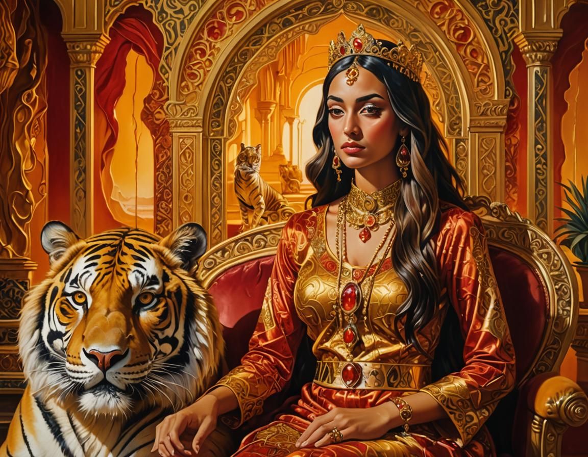 Arab Princess in Golden Palace: Surrealist Oil Painting