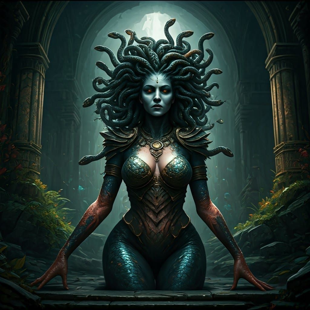 Majestic Medusa with Tentacles in Lush Ruins