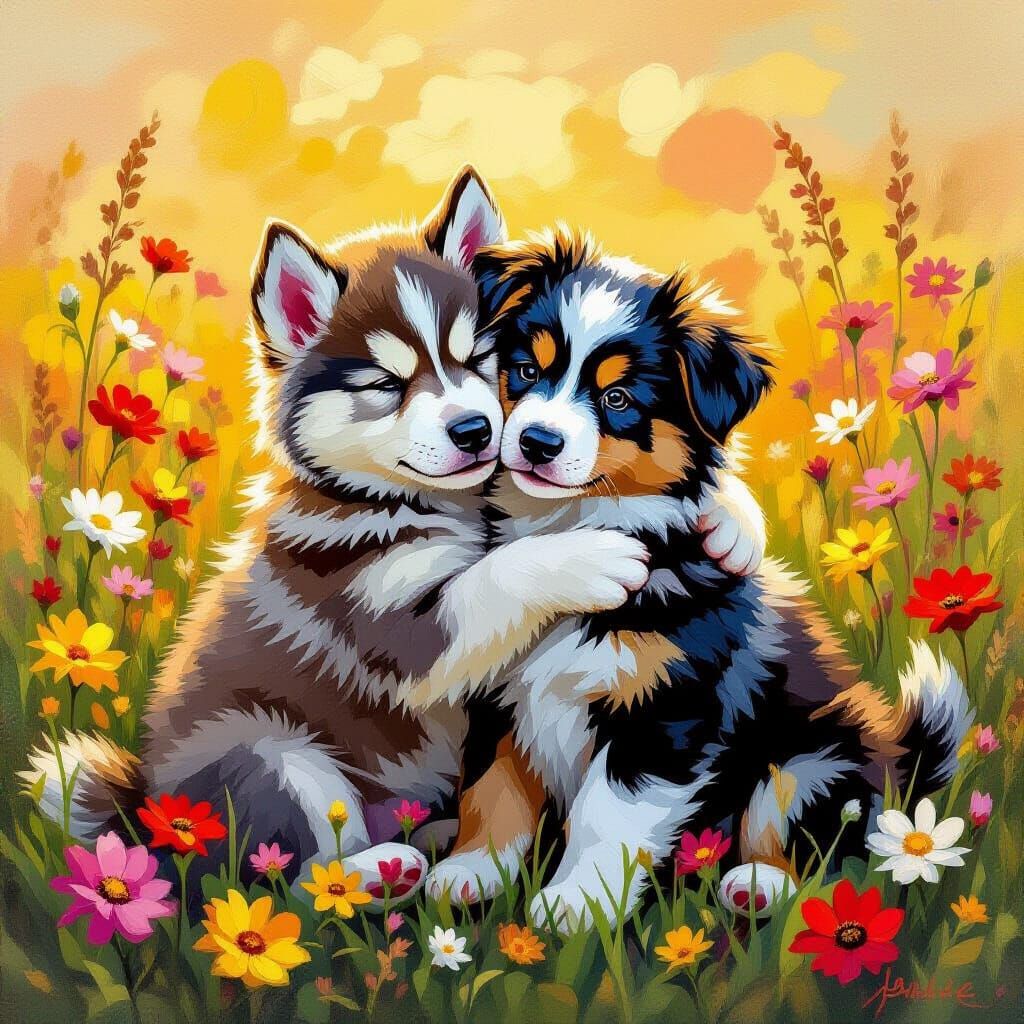 Cute Puppies Hugging in Flower Meadow Oil Painting