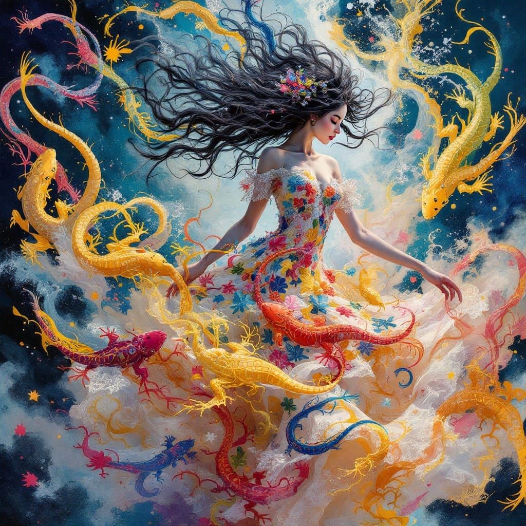 Whimsical Woman in Lacy Lizard Dress Dances in Vibrant, Drea...