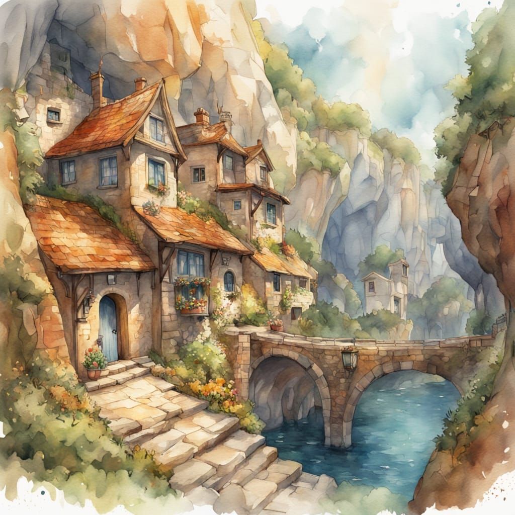 Medieval City Inside Cave: Digital Watercolor Painting