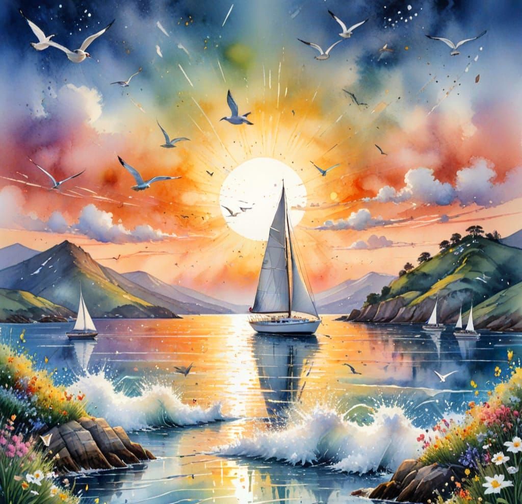 Luminous Watercolour Bay Scene in Dawn Light