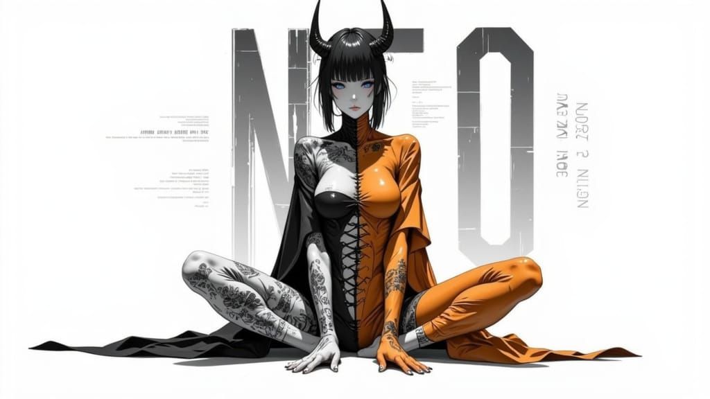 Cyberpunk Anime Goddess in Contrasting Grayscale and Color