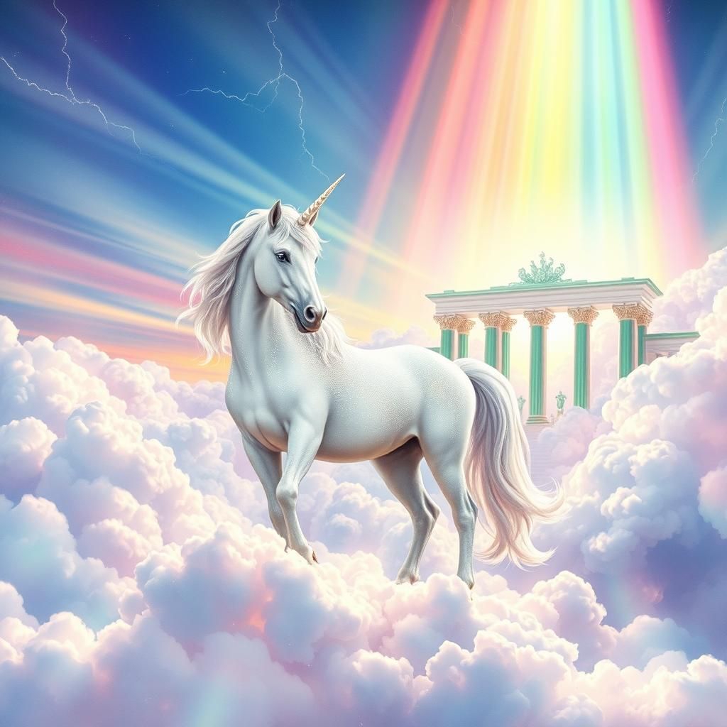 Majestic Unicorn on Crystalline Cloud, Fantasy Art