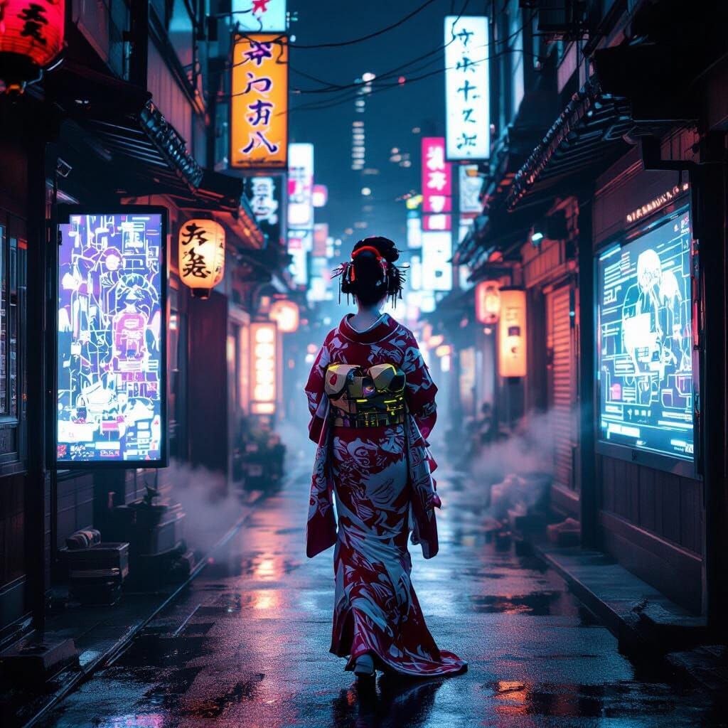 Cyberpunk Geisha in Neon Tokyo Alleyway