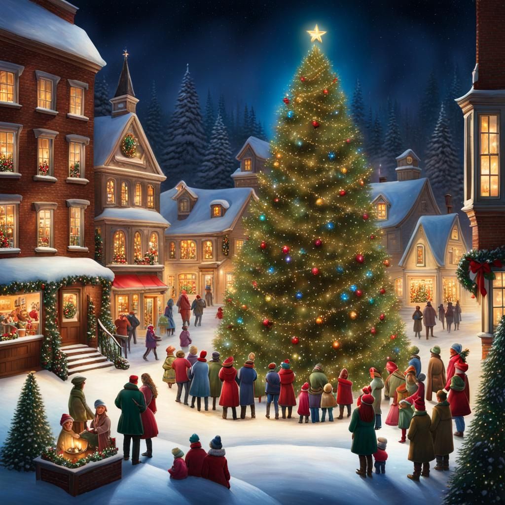 Hyperrealistic Christmas Town with Carolers and Snow