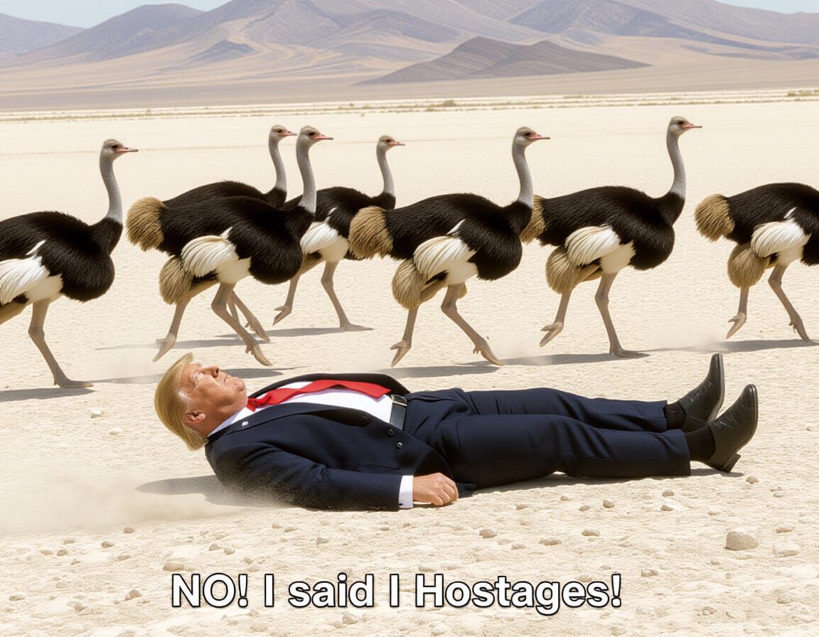 Donald Trump Overrun by Ostriches in Photorealistic Desert S...