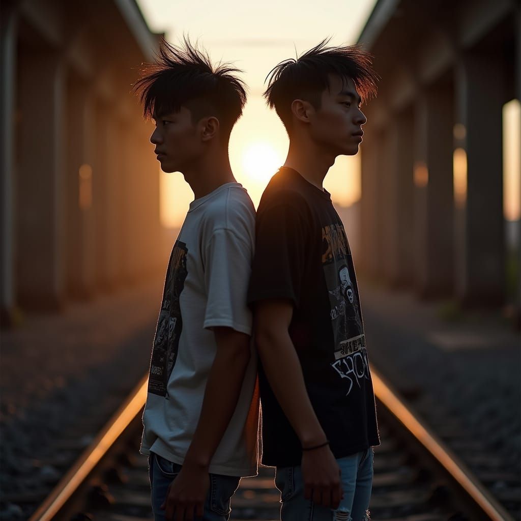 Photorealistic Portrait of Two Asian American Men in Rail Ya...