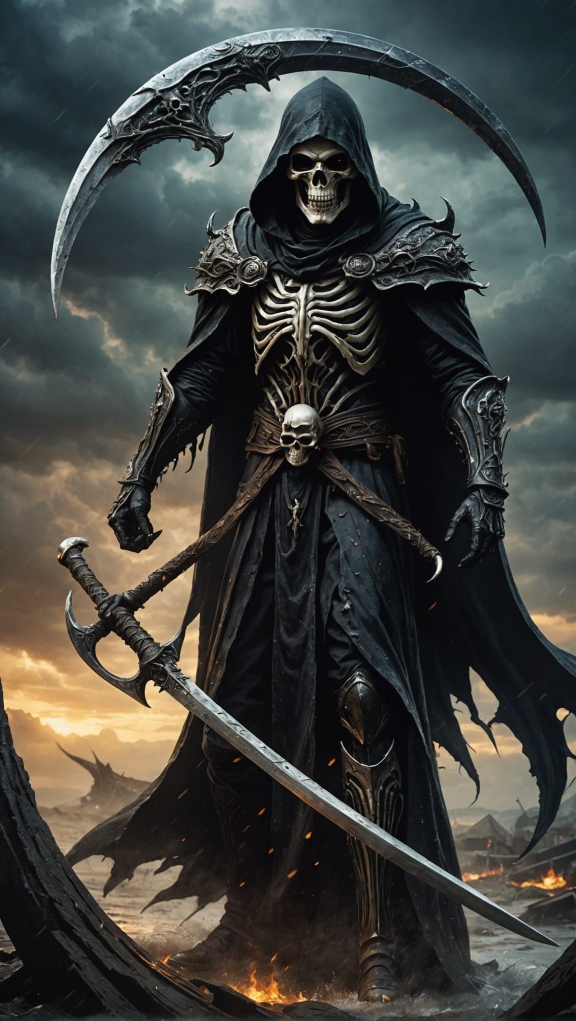 Grim Reaper with Scythe in Stormy, Detailed Rendering