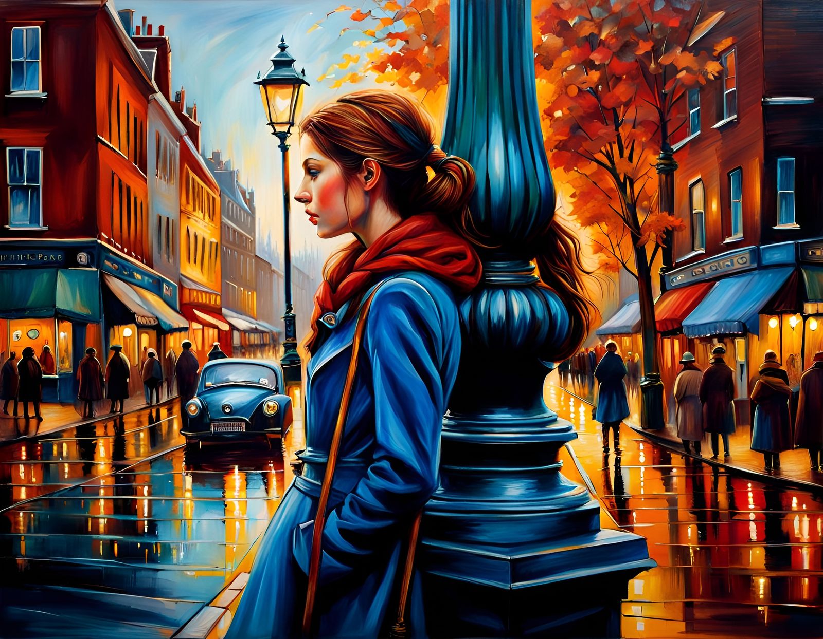 Girl Watching City Life: Folk Art Oil Painting